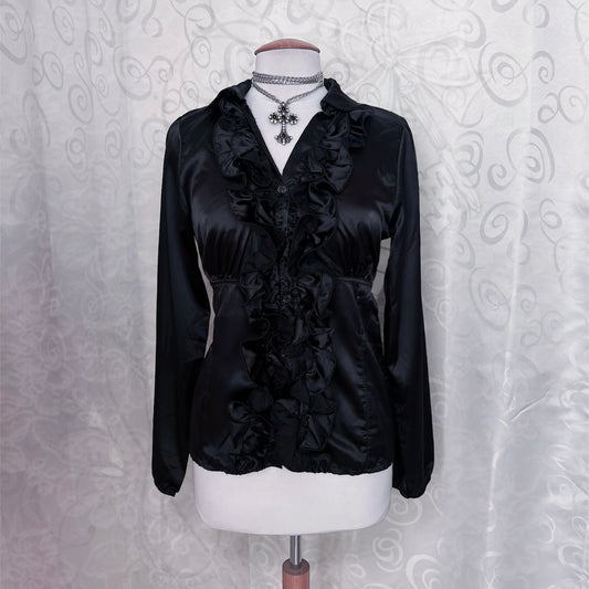 00’s deadstock Gothic/Jirai Kei black satin ruffle shirt 🕷️