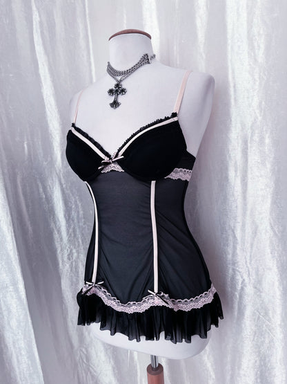 Gothic/Coquette mesh black corset top with pink details 🎀🪽