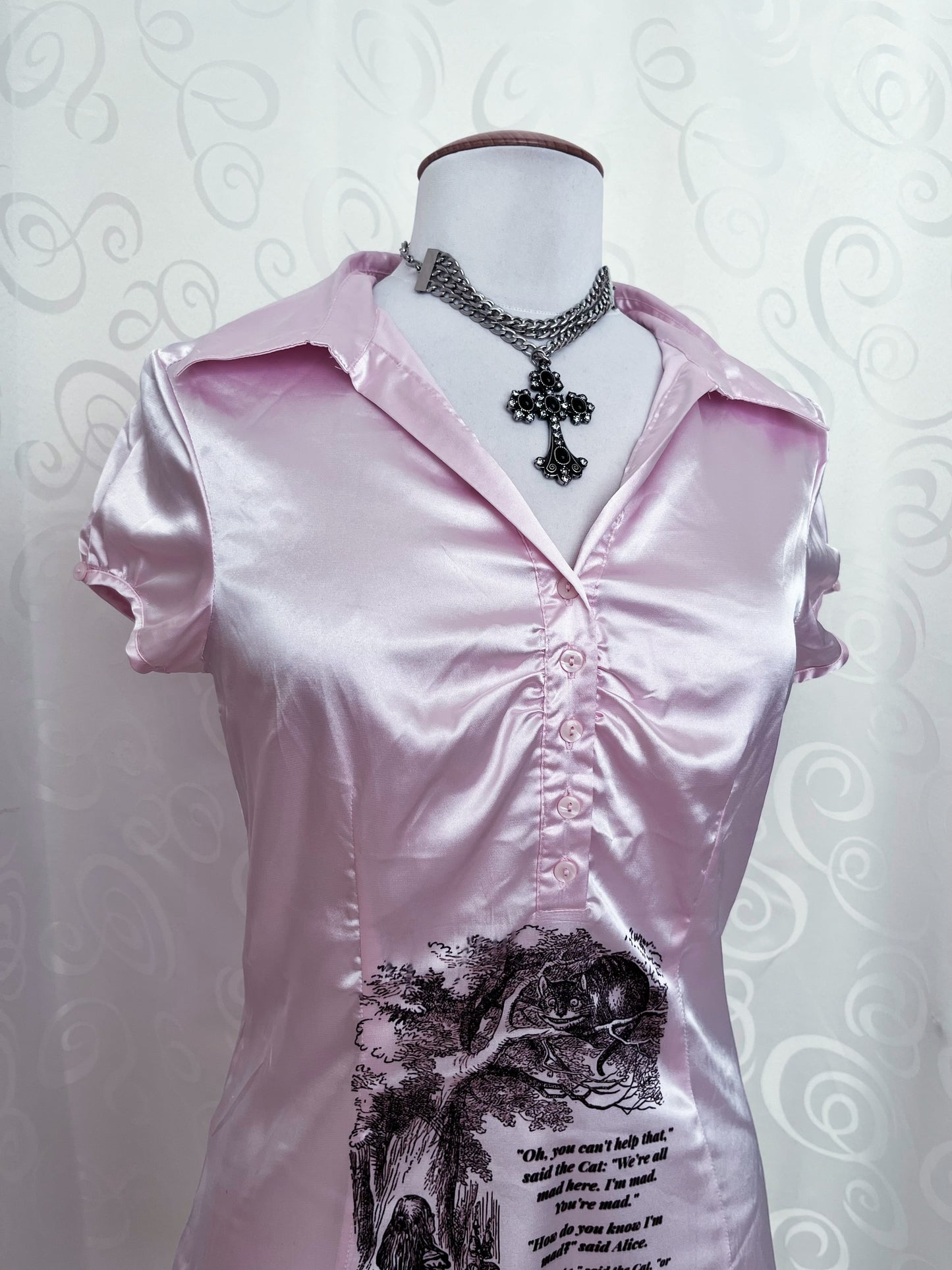 We’re All Mad Here Reworked Fishbone pink saten shirt ⏱️🐇