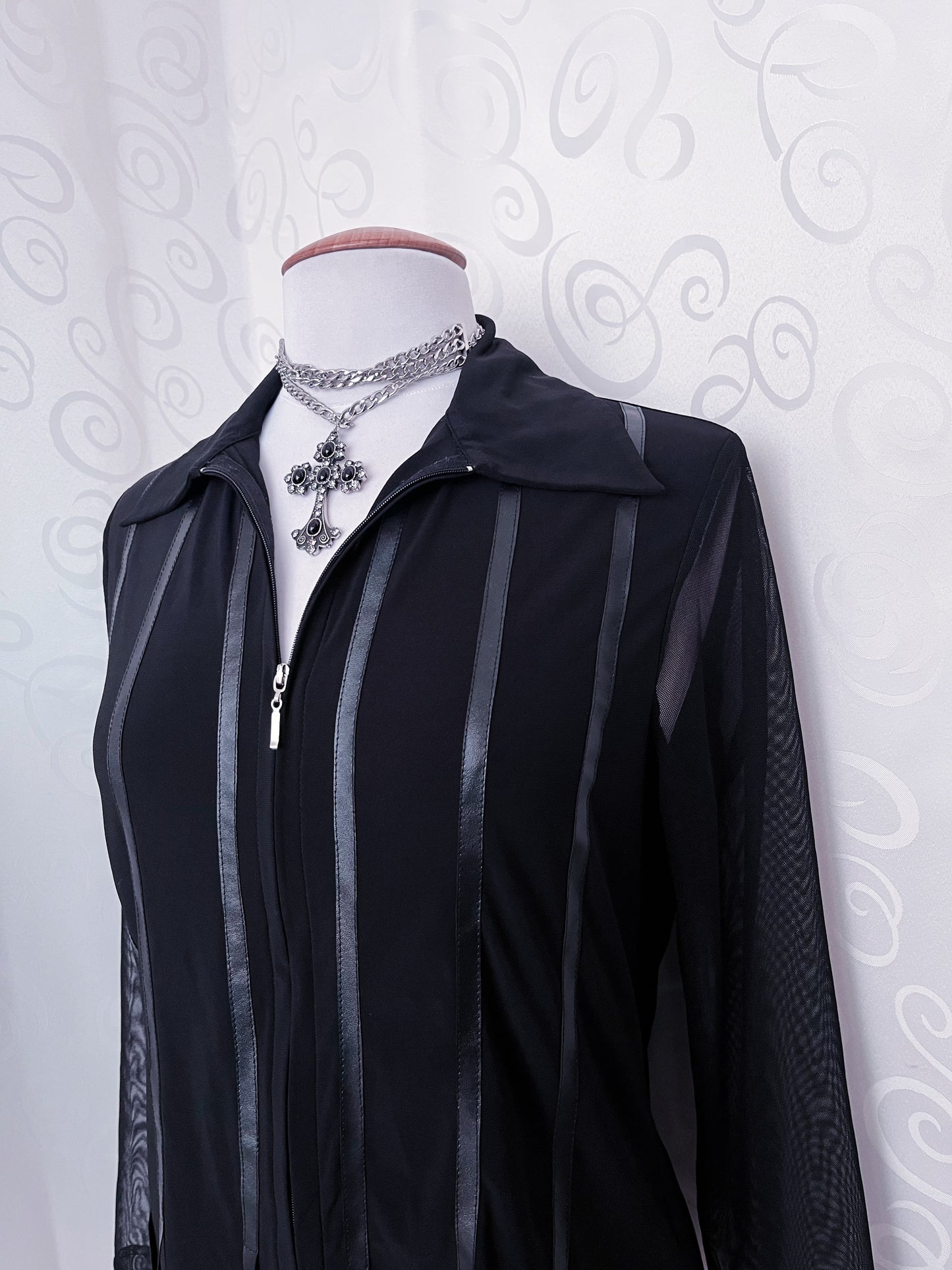 00's Gothic black zip-up shirt with mesh sleeves & satin striped details 🦇🌀
