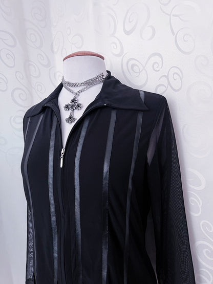00's Gothic black zip-up shirt with mesh sleeves & satin striped details 🦇🌀