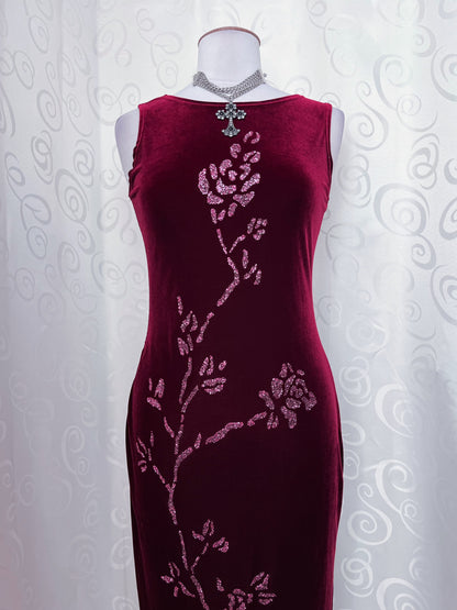 00’s whimsygoth burgundy velvet dress with embossed strass detail ❤️🌺