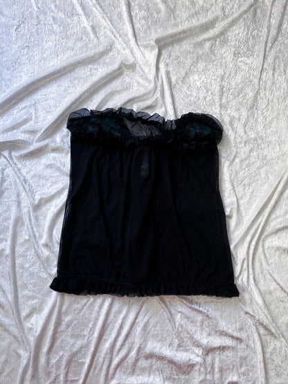 Dark whimsy see-through mesh lace-up top with teal velvet embroidered details 🦇