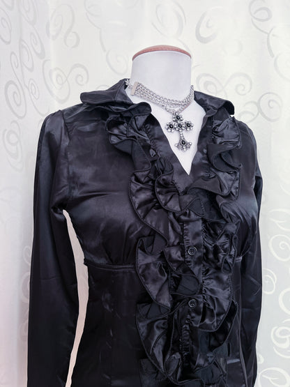 00’s deadstock gothic ruffle black shirt 🦇