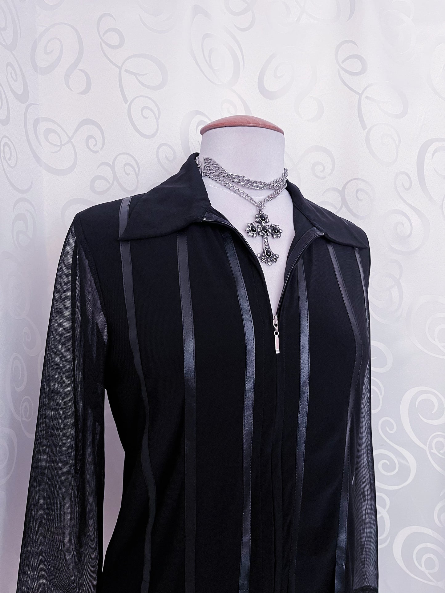 00's Gothic black zip-up shirt with mesh sleeves & satin striped details 🦇🌀