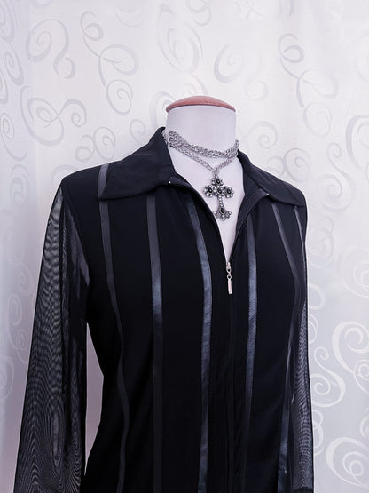 00's Gothic black zip-up shirt with mesh sleeves & satin striped details 🦇🌀