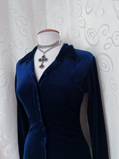 Vintage whimsy velvet dark night blue shirt 🌀💙🦋