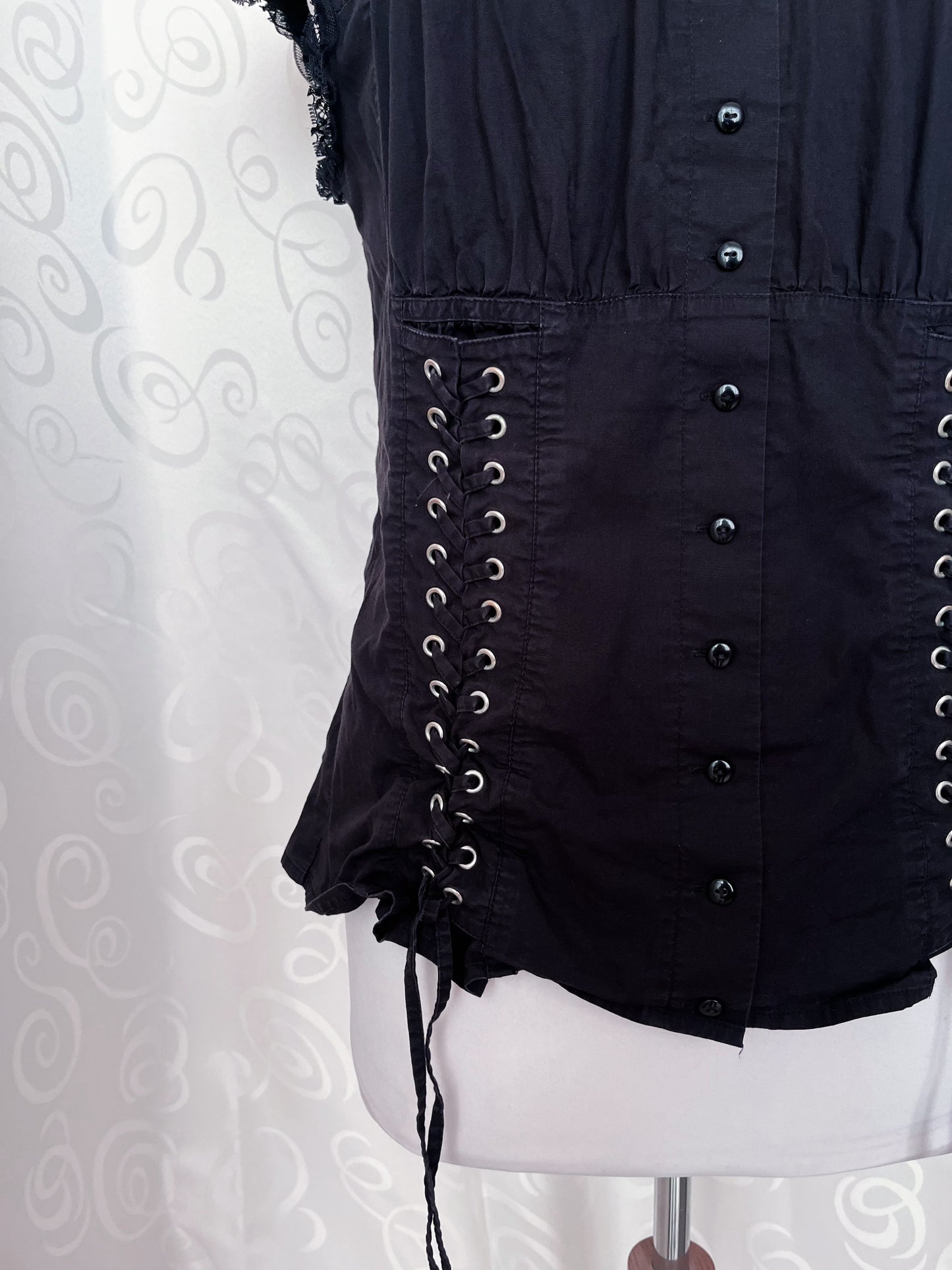 00’s gothic black cotton shirt with lace-up details 🦇🕷️
