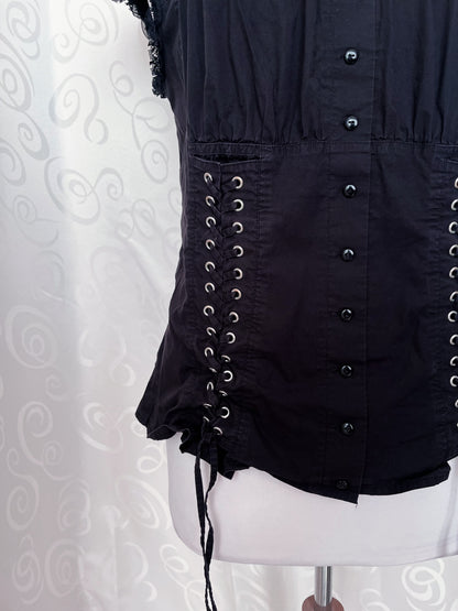 00’s gothic black cotton shirt with lace-up details 🦇🕷️