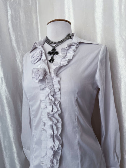 Gothic/Coquette white ruffle shirt with rose details 🌹🪽