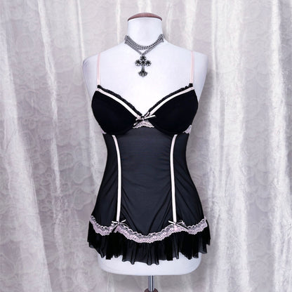 Gothic/Coquette mesh black corset top with pink details 🎀🪽