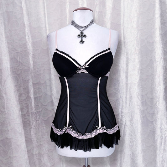 Gothic/Coquette mesh black corset top with pink details 🎀🪽