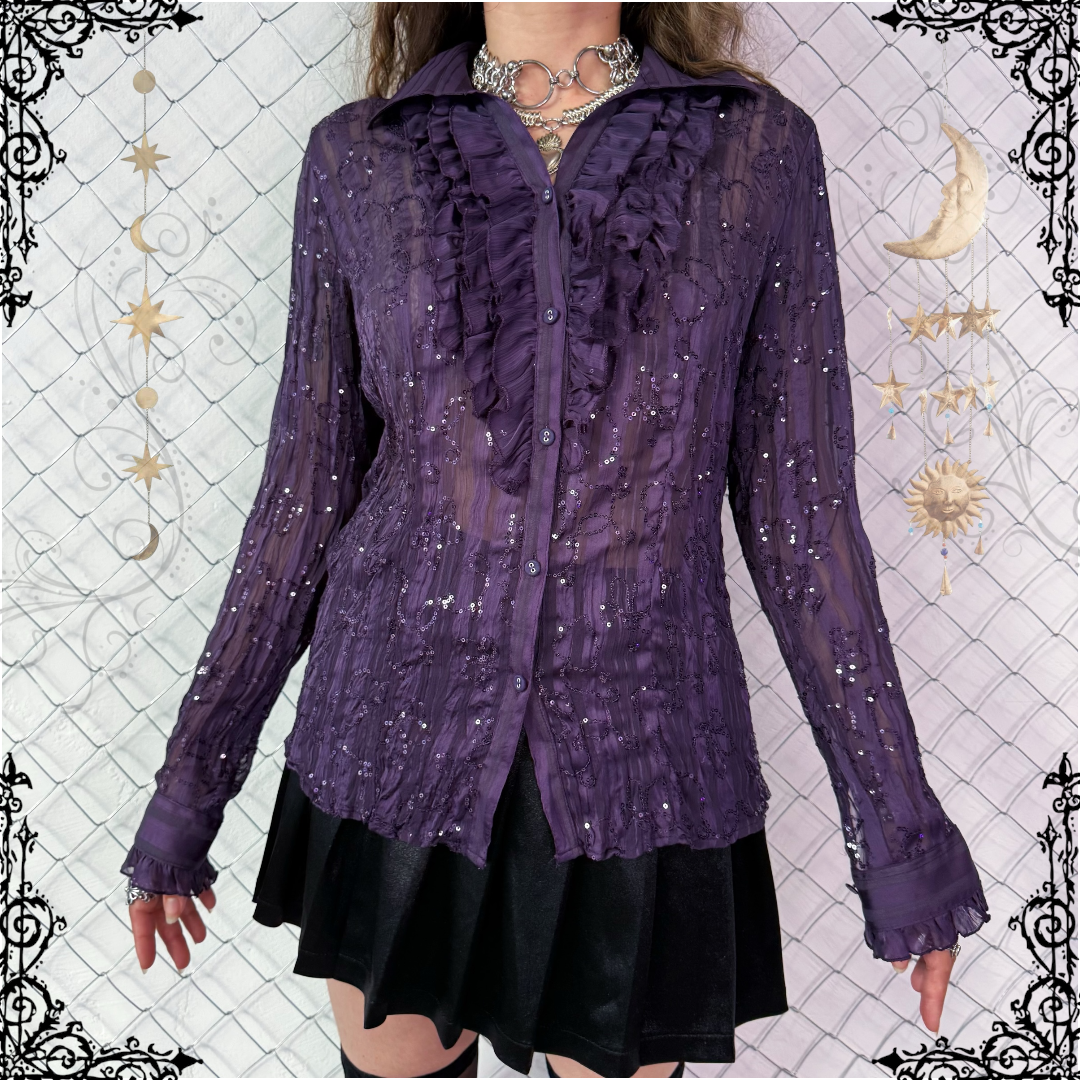00’s whimsygoth see-through sequin purple shirt 💜🌀