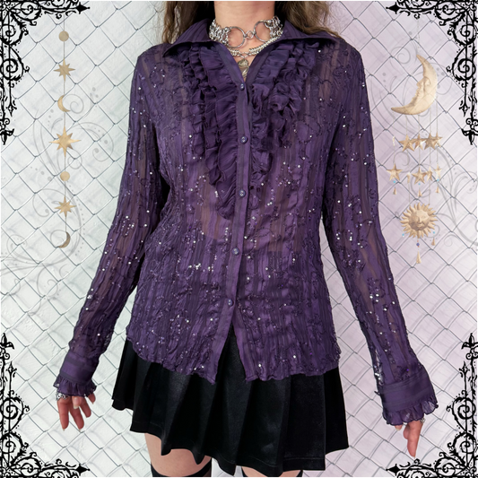 00’s whimsygoth see-through sequin purple shirt 💜🌀