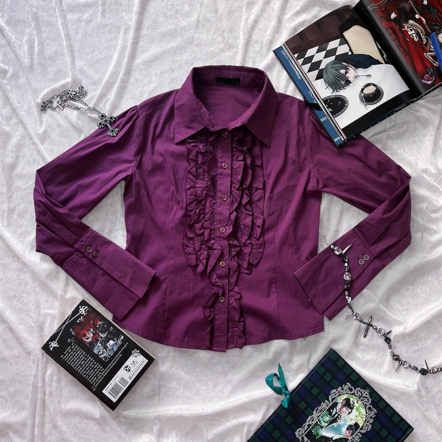 Gothic coquette bright purple cotton shirt with ruffle detail 💜