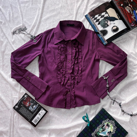 Gothic coquette bright purple cotton shirt with ruffle detail 💜