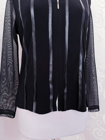 00's Gothic black zip-up shirt with mesh sleeves & satin striped details 🦇🌀