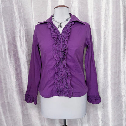 Gothic coquette bright violet cotton shirt with ruffle detail 💜
