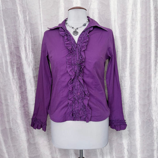 Gothic coquette bright violet cotton shirt with ruffle detail 💜