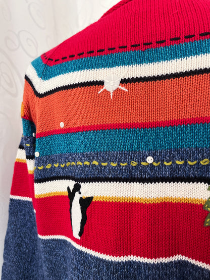 Vintage Susan Bristol knit cardigan with embroidered details & penguin patchwork 🐧❄️