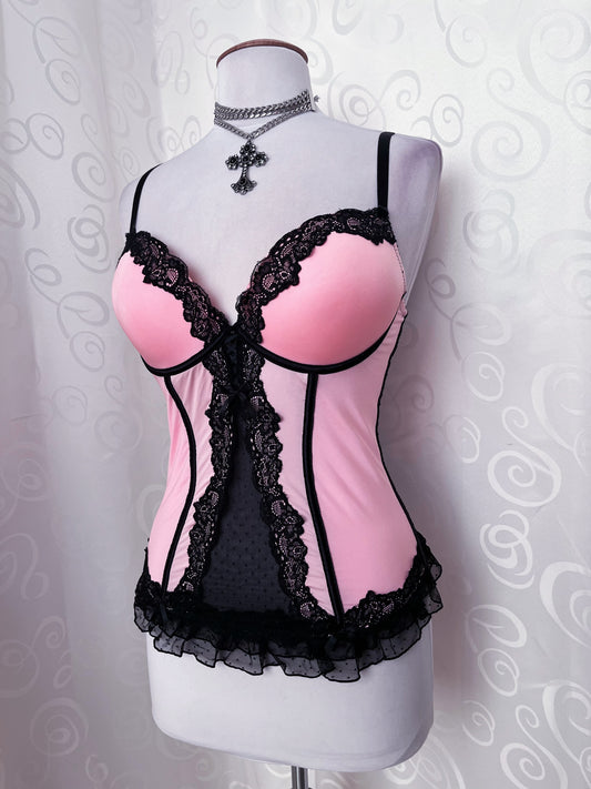 Dark coquette pink corset top with lace details 🎀🕷️
