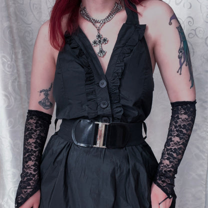 00’s deadstock Gothic/Jirai Kei halter black dress with ruffle detail 🕷️🌀