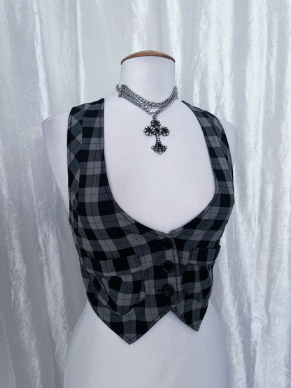 00’s Fishbone dark academia crop plaid vest 📓🌀