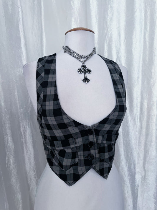 00’s Fishbone dark academia crop plaid vest 📓🌀