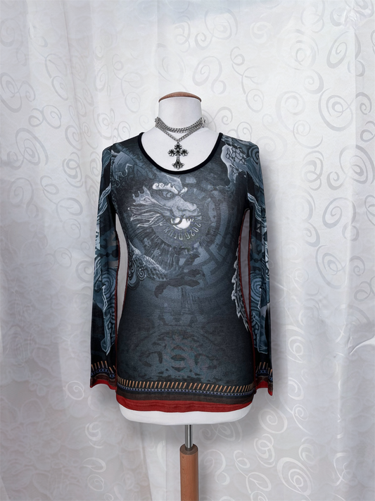 00’s rare dragon sheer top with side stitches🌀🐉🀄️