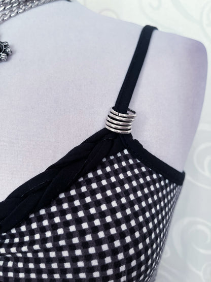 Twee little checked cami top with metallic hoops on the straps 🌀