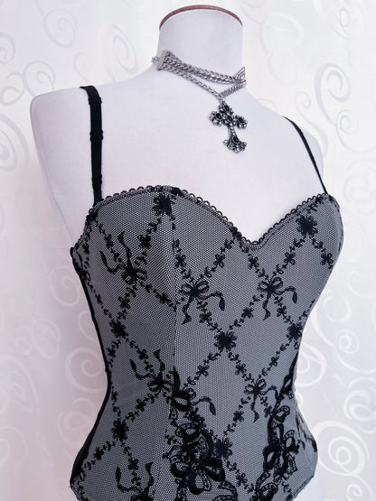 00’s dark coquette grey corset with bow print & embroidery details 🎀