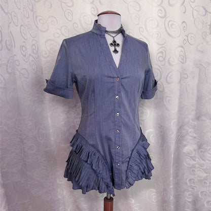 00’s whimsy/jirai kei lilac shirt with pleated details 🪻
