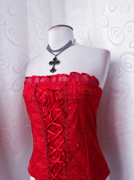 00’s vampire lace-up tube top with embroidered details ❤️🌀
