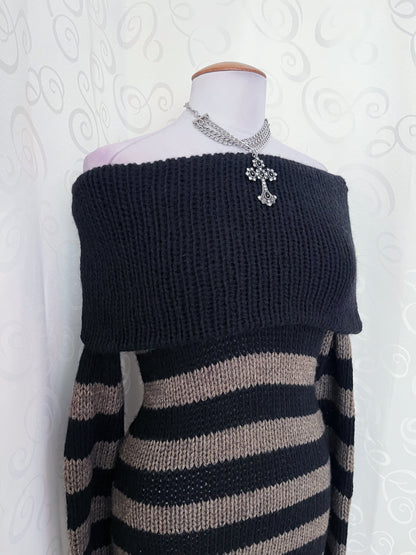 Iconic emo striped knit off-shoulder tunic 🕷🗝