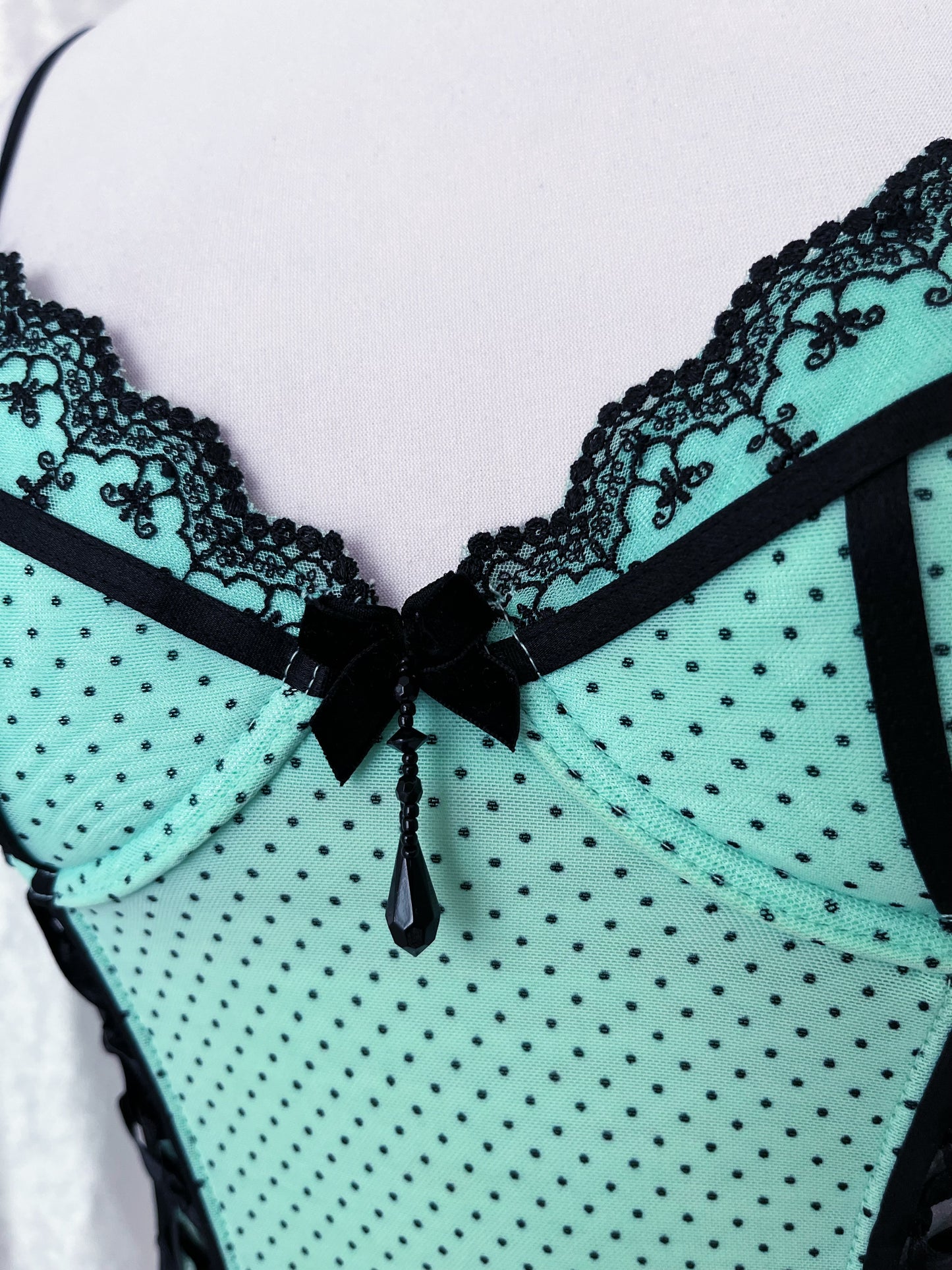 Iconic mint polka corset top with lace-up detail 🍵
