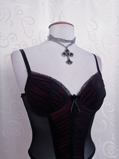 00's vampire black & burgundy mesh corset 🩸