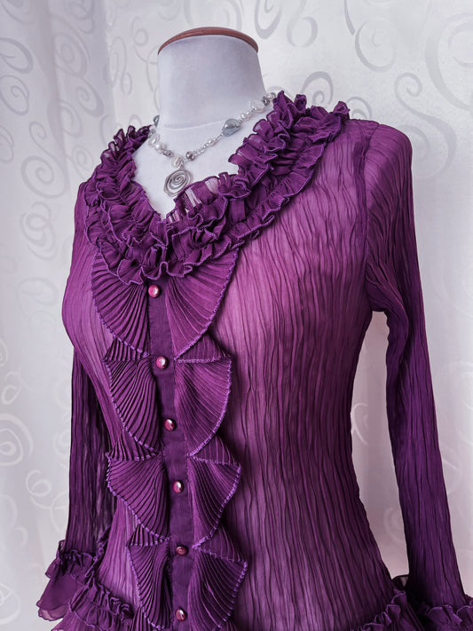 00’s whimsygoth plum ruffle mesh shirt 🔮🦋