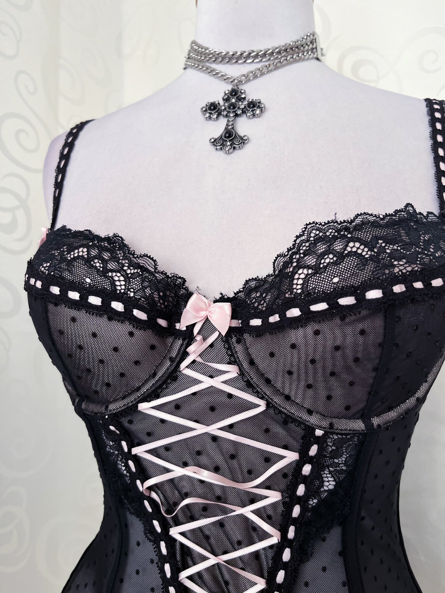 Dark Coquette black & pink lace up corset 🎀