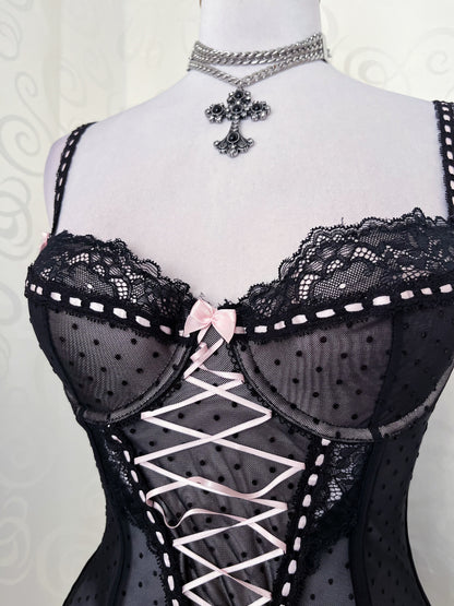 Dark Coquette black & pink lace up corset 🎀