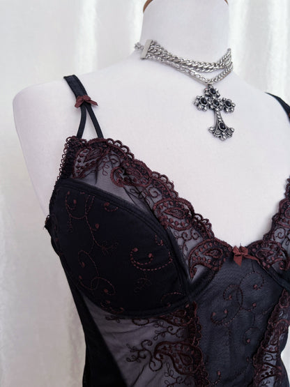 Whimsy mesh black corset with brown embroidery ✨