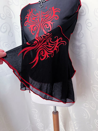 00’s Dark Star gothic mesh tribal print top with bell sleeves 🫀❤️