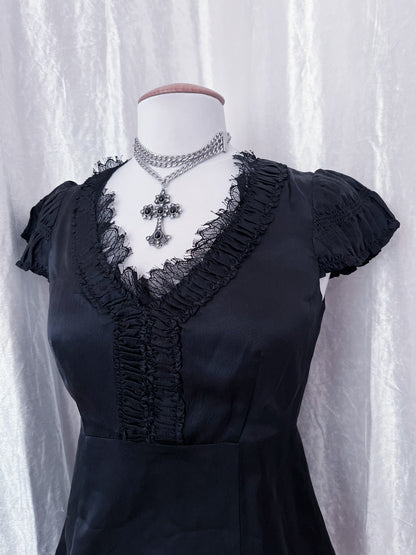 00's gothic silk ruffle black top 🦇