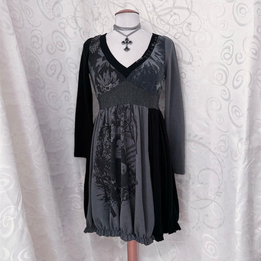 00’s whimsy/steampunk grey patchwork dress with print, beaded & charm details ⚙️🕷️