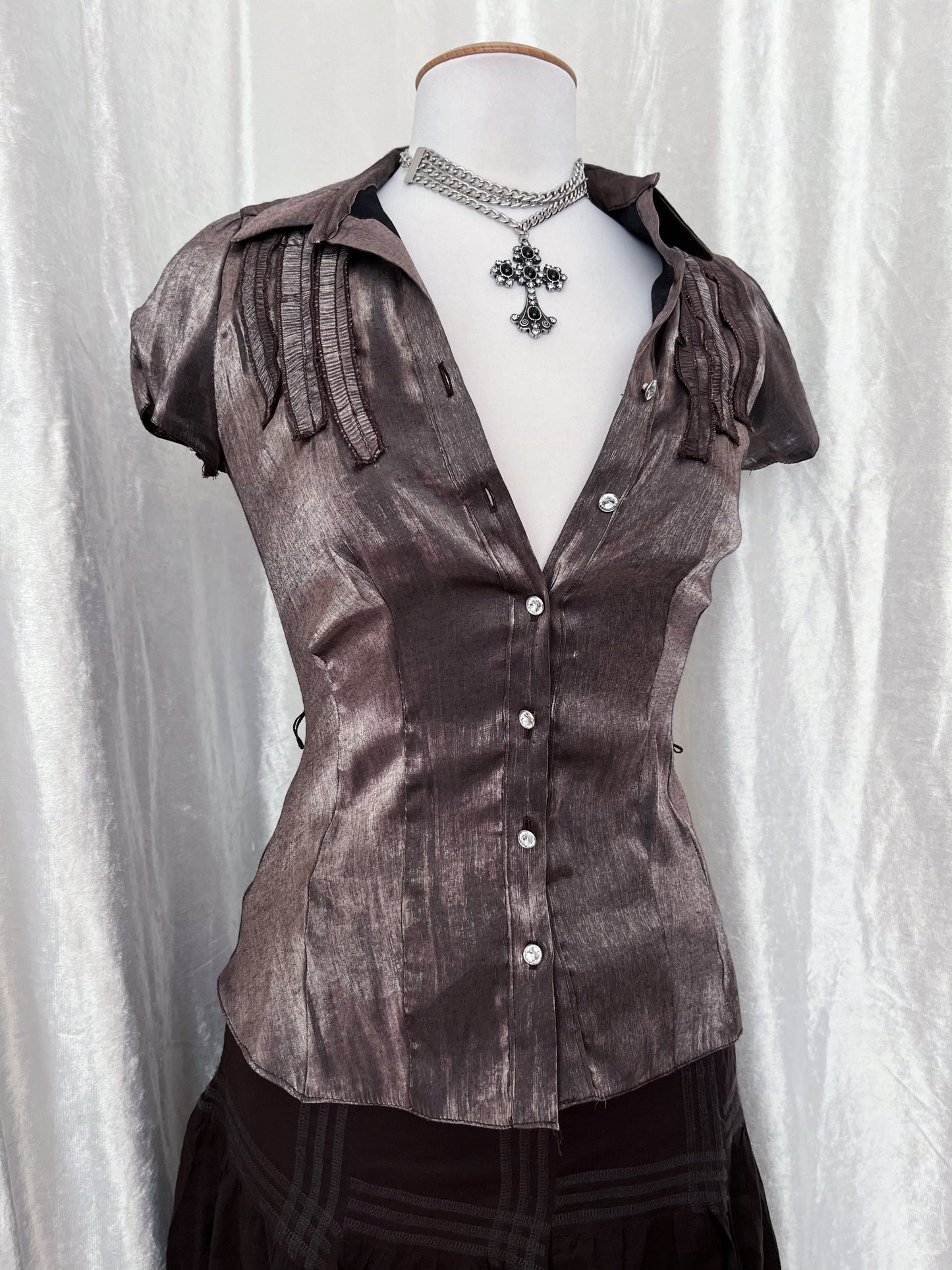Dark coquette shiny brown shirt 🎥
