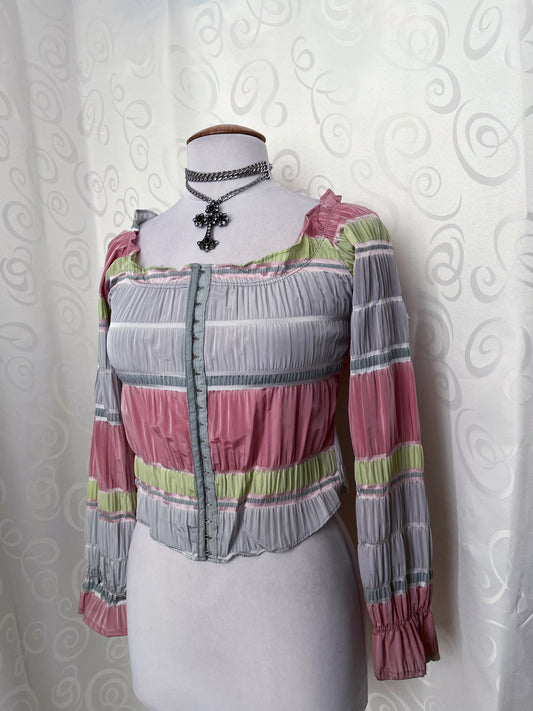 00’s deadstock colorful coquette shirt that closes with metal hooks 💜🌀