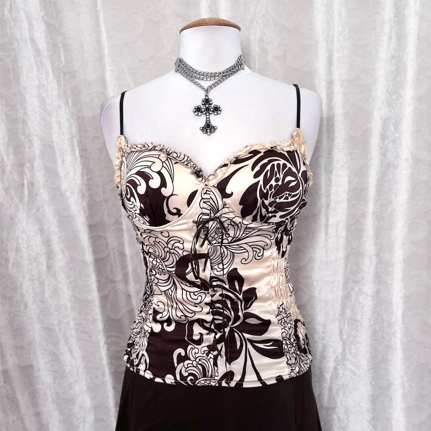 Fairy beige & brown corset bustier top with lace-up detail 🐌