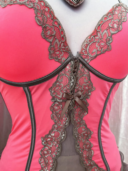 00’s coquette alizarine pink corset top with grey mesh & lace details 🎀