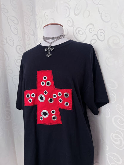 00’s punk reworked fruit of the loom tee with cross patchwork & studs details ✝️☠️