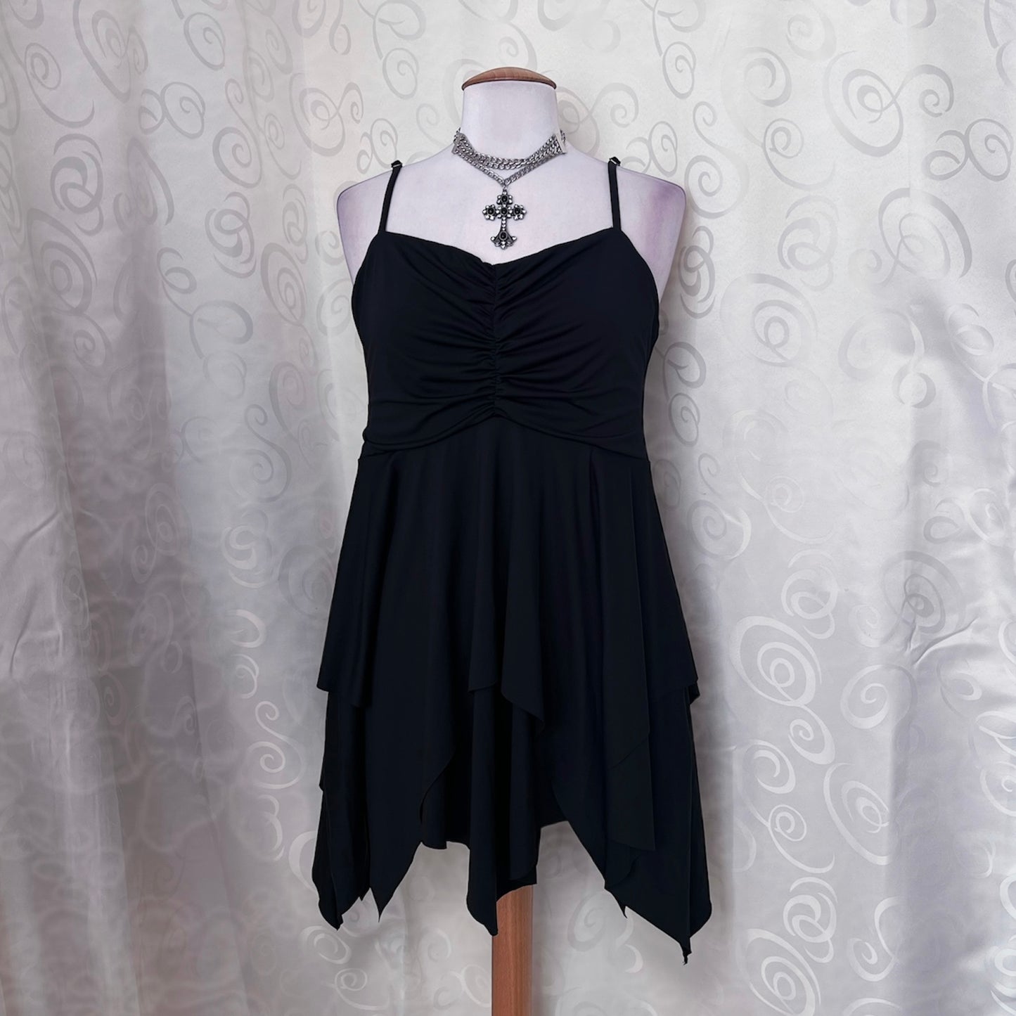 Fairy black stretchy asymmetrical mini dress 🌀