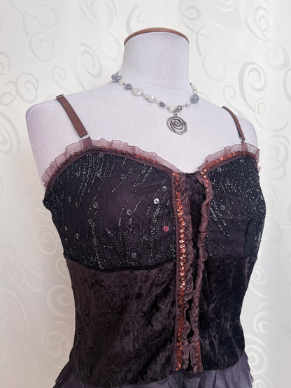 00’s deadstock whimsy fairy brown top with velvet, sequin & tulle detail 🌀🐌